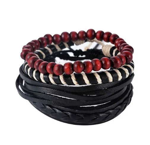 Handmade adjustable leather bracelet with wooden beads and multi-layer wrap design
