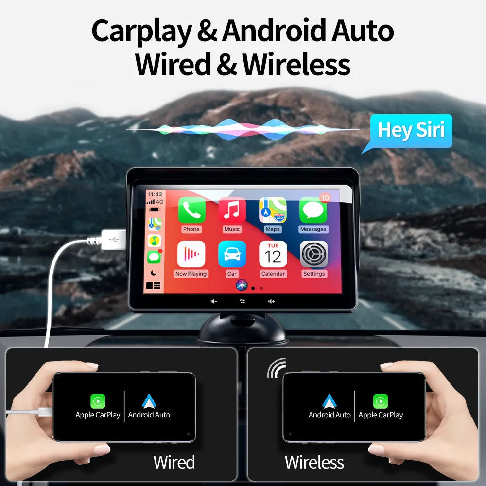 7 inch wireless CarPlay car display with suction cup mount and cigarette lighter connector