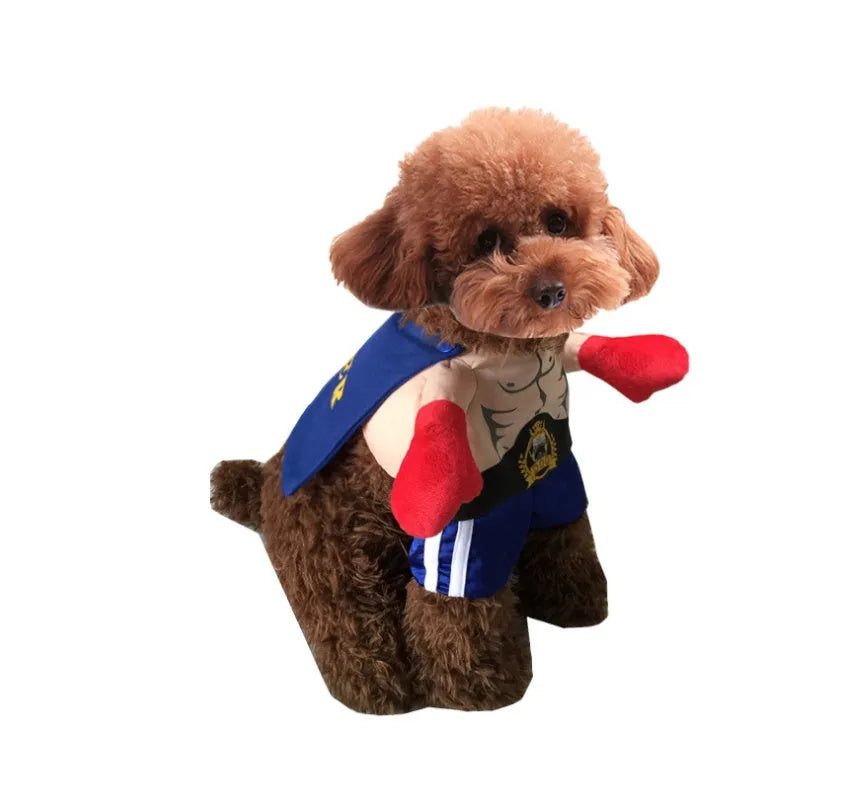 Blue polyester boxer cat costume with four size options S M L XL bust measurements