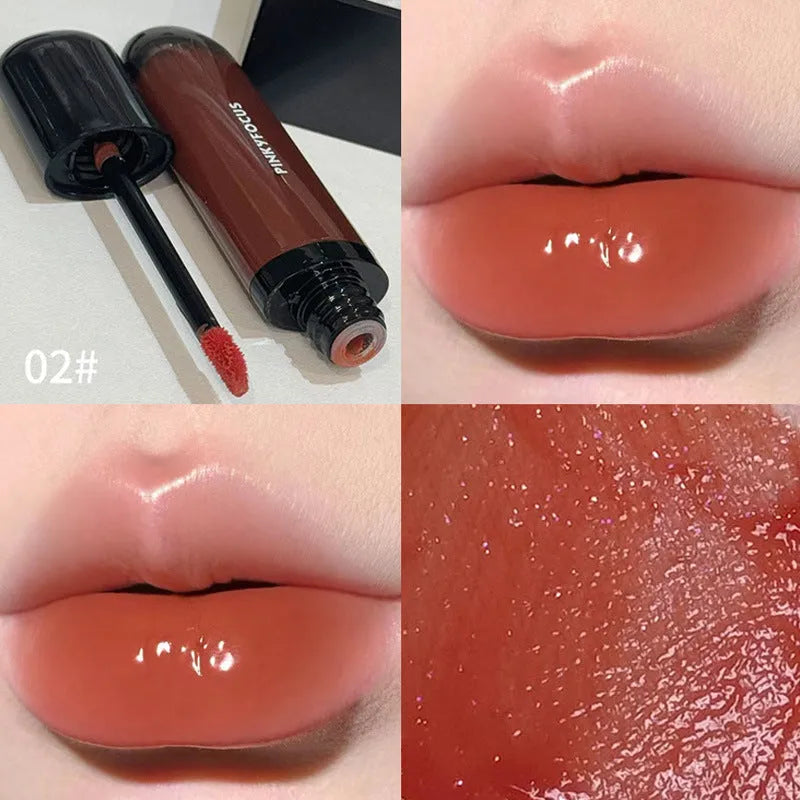 Black Citrus Mirror Lip Lacquer tube showcasing six colour shades: Black Tomato, Orange Brown, Bean Paste, Rose, And Red, Sweet Potato.