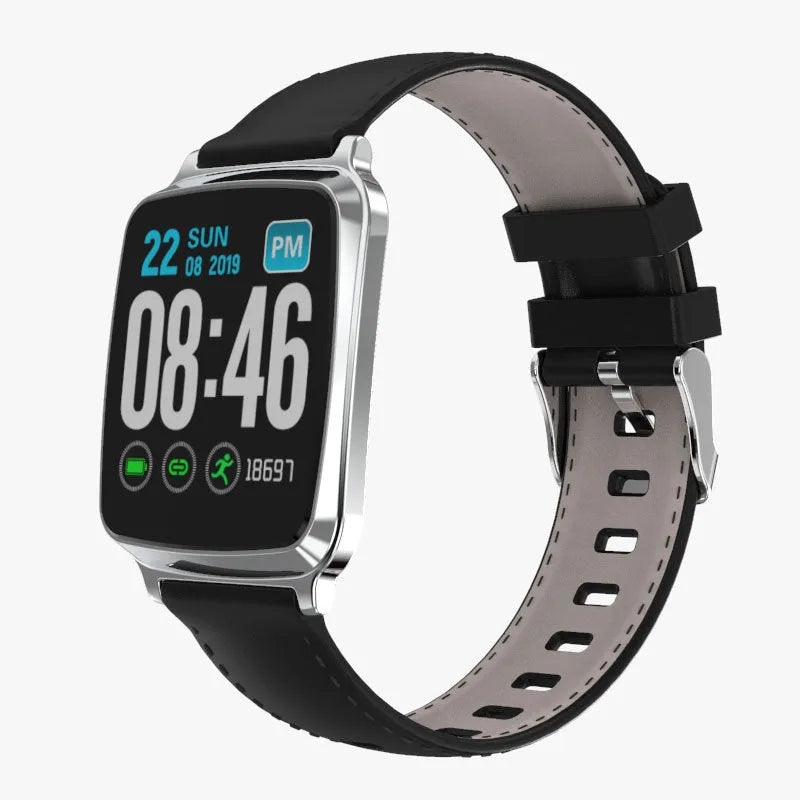 M8 multi-function smart bracelet with heart rate monitor on wrist, showing black zinc alloy body and TPU strap.