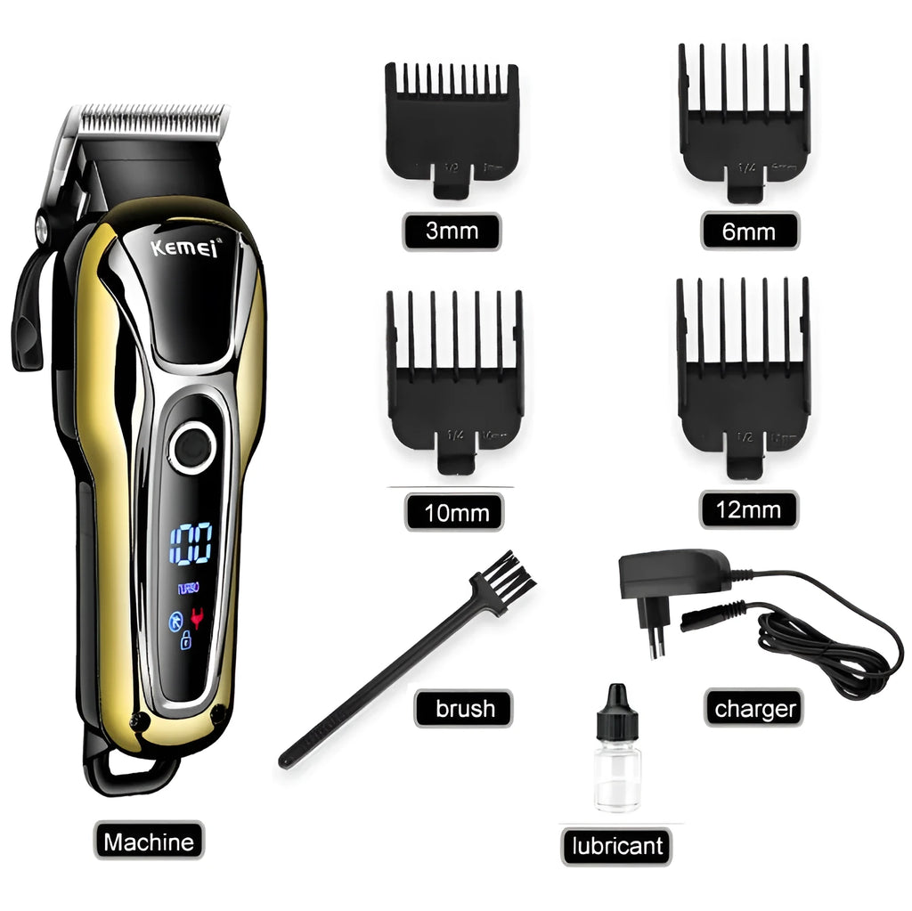 Professional rechargeable hair clipper with gold finish, guide combs, and lithium battery