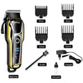 Professional rechargeable hair clipper with gold finish, guide combs, and lithium battery