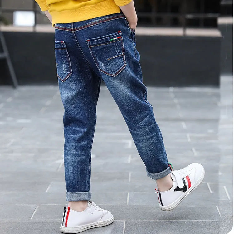 Boys' 95% cotton denim trousers mid waist blue size 140cm