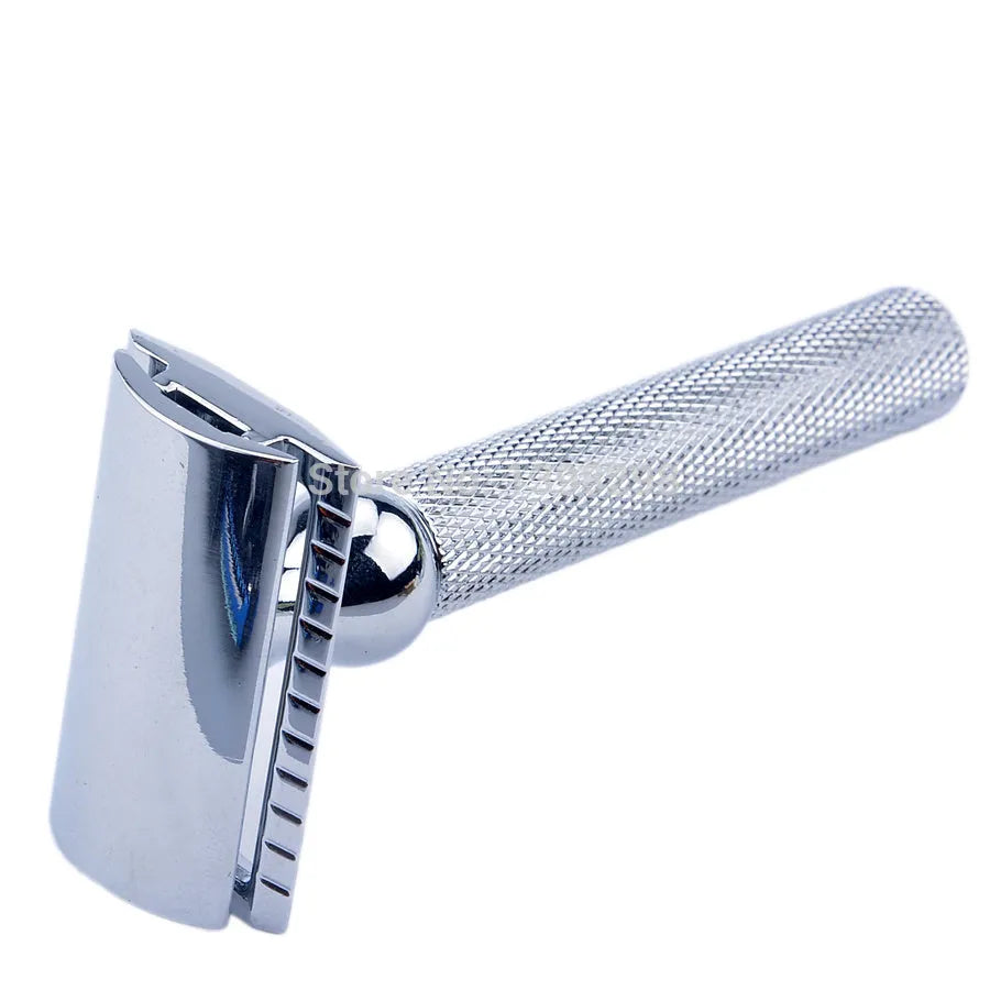 CSB men's shaving set featuring a chrome double edge razor, badger hair brush, stand, soap bowl, and blades.