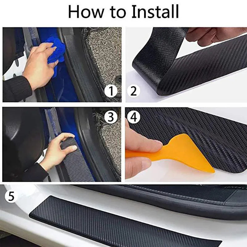 Matte carbon fibre roll bumper sticker for car door sill protection in various widths.