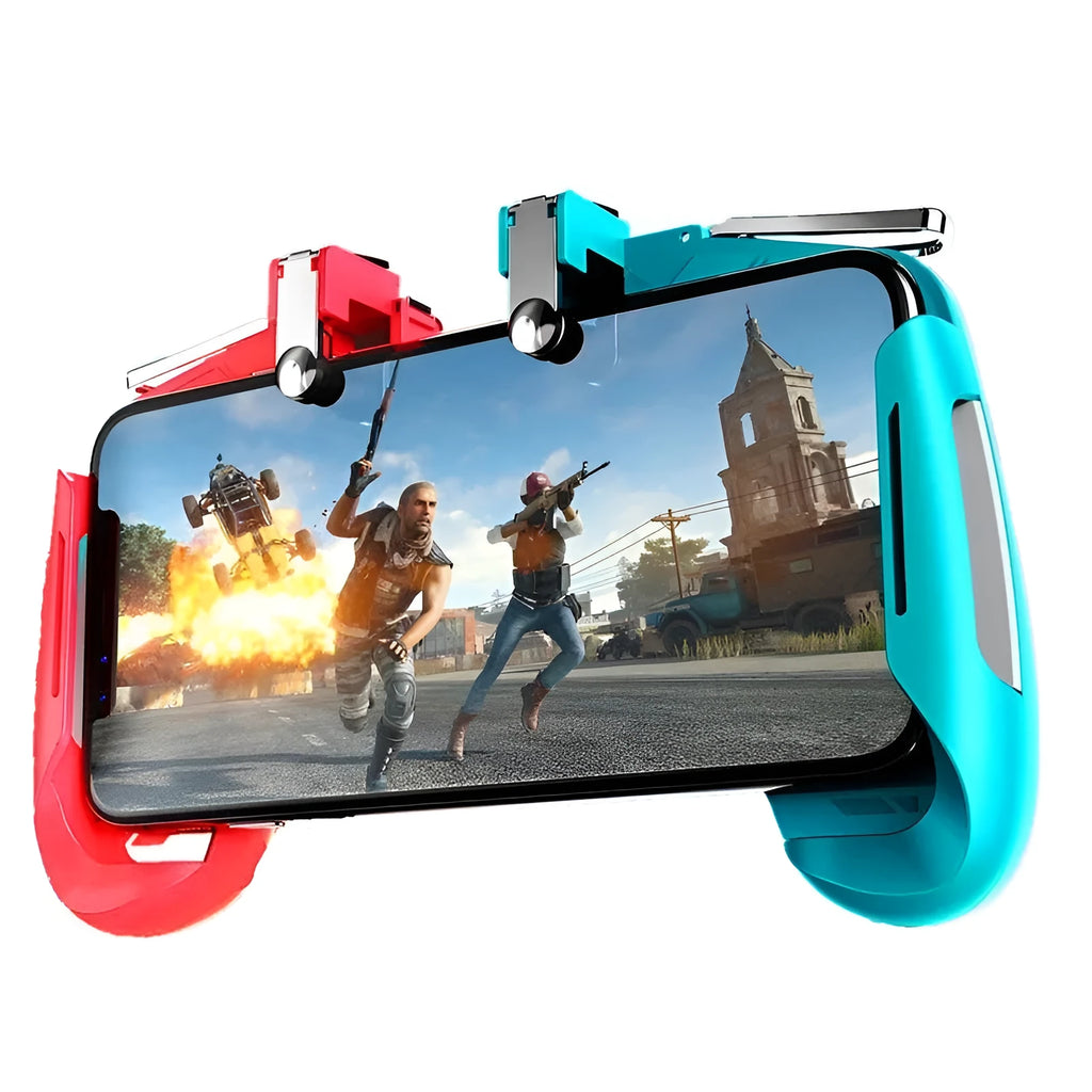 Telescopic mobile game handle extended to show smartphone compatibility with detachable grip component