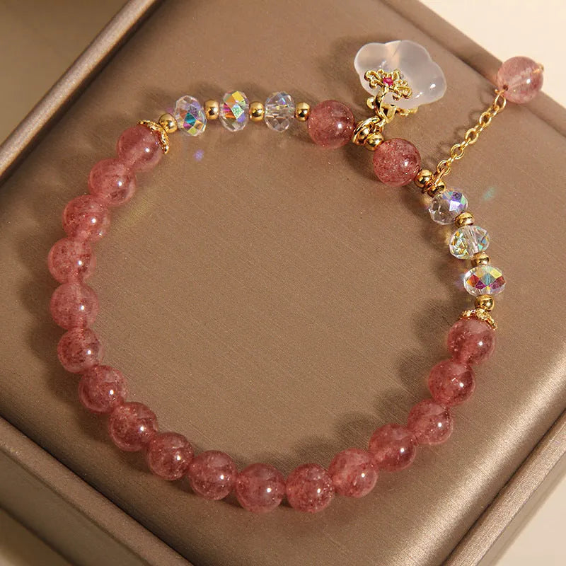 Women's adjustable strawberry quartz and white agate crystal bracelet with auspicious cloud beads