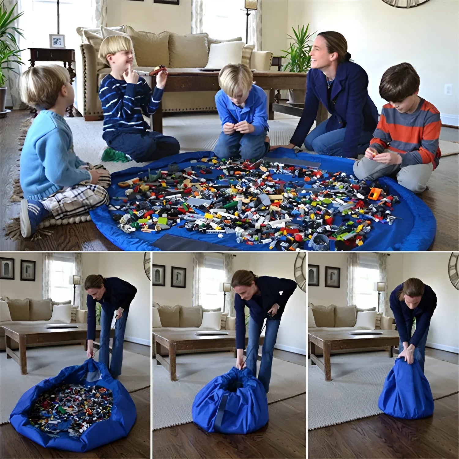 Blue 150cm waterproof nylon toy storage bag with drawstring, for baby toys and picnic pads