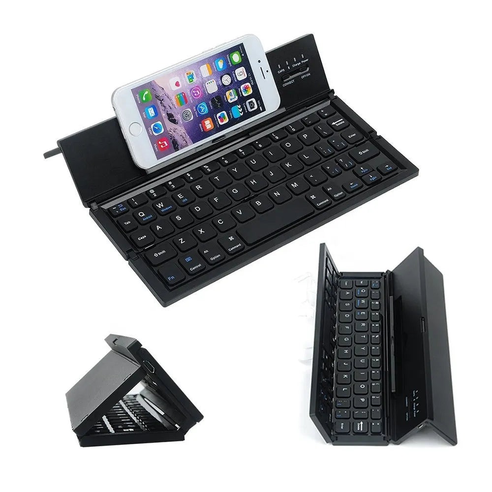 Black folding wireless Bluetooth keyboard for tablets with aluminium bottom cover