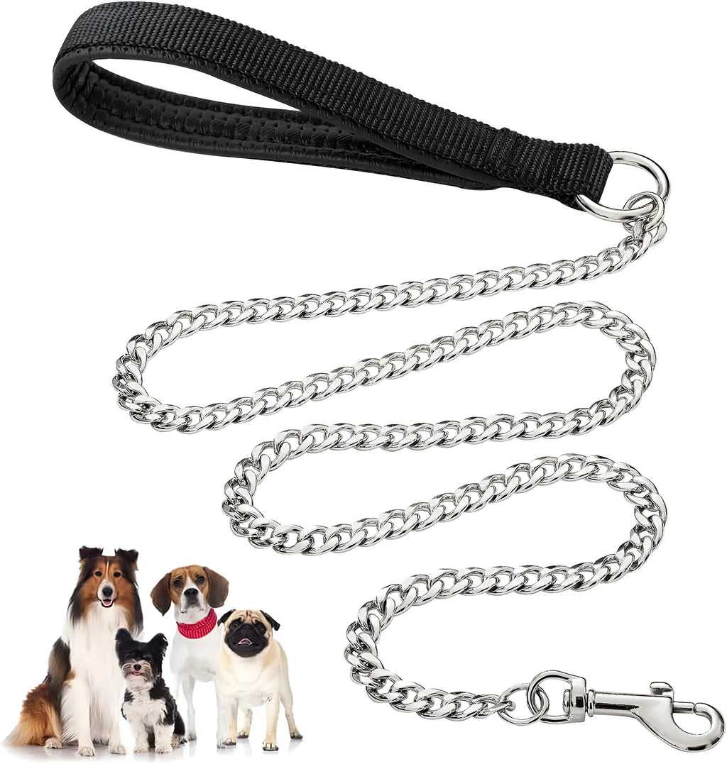 Heavy duty metal dog leash chain with soft padded handle in black, blue, or red for large medium dogs