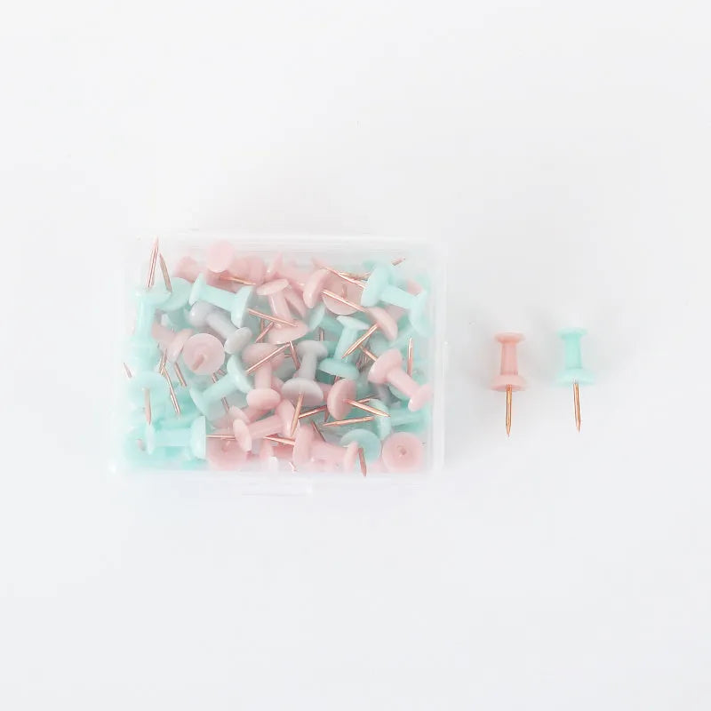 50-piece pack of Morandi colour push pins with three different pin head styles on a cork board.