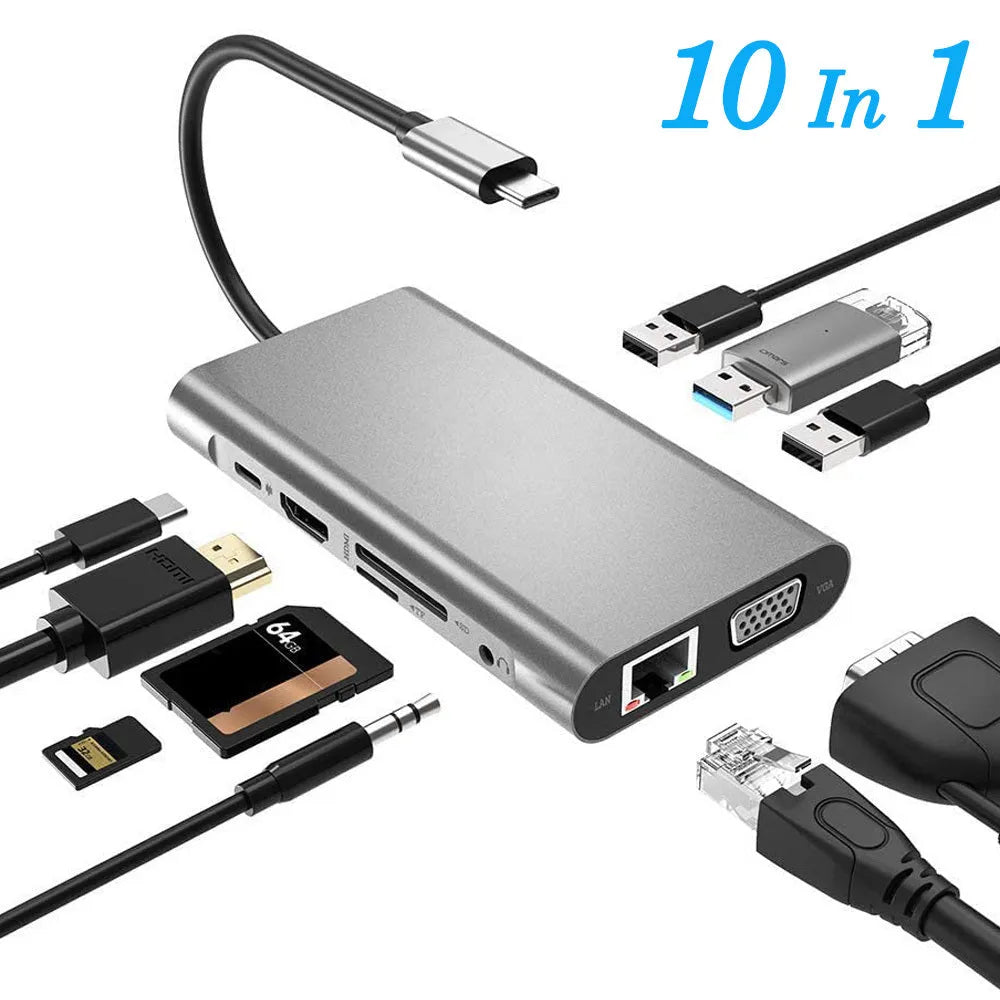 Grey USB-C to HDMI ten-in-one expansion dock with ports for 4K, VGA, Ethernet, USB 3.0, card readers, and audio jack