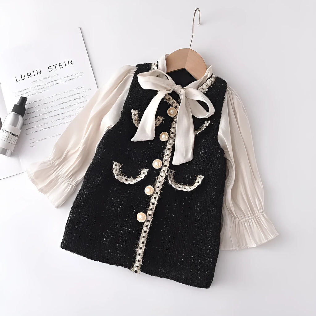 Girls Long Sleeve Princess Dress Polyester Spring Autumn Casual Wear for Middle and Small Children 3-8 Years Old Height 90-140cm Black Stitching Detail