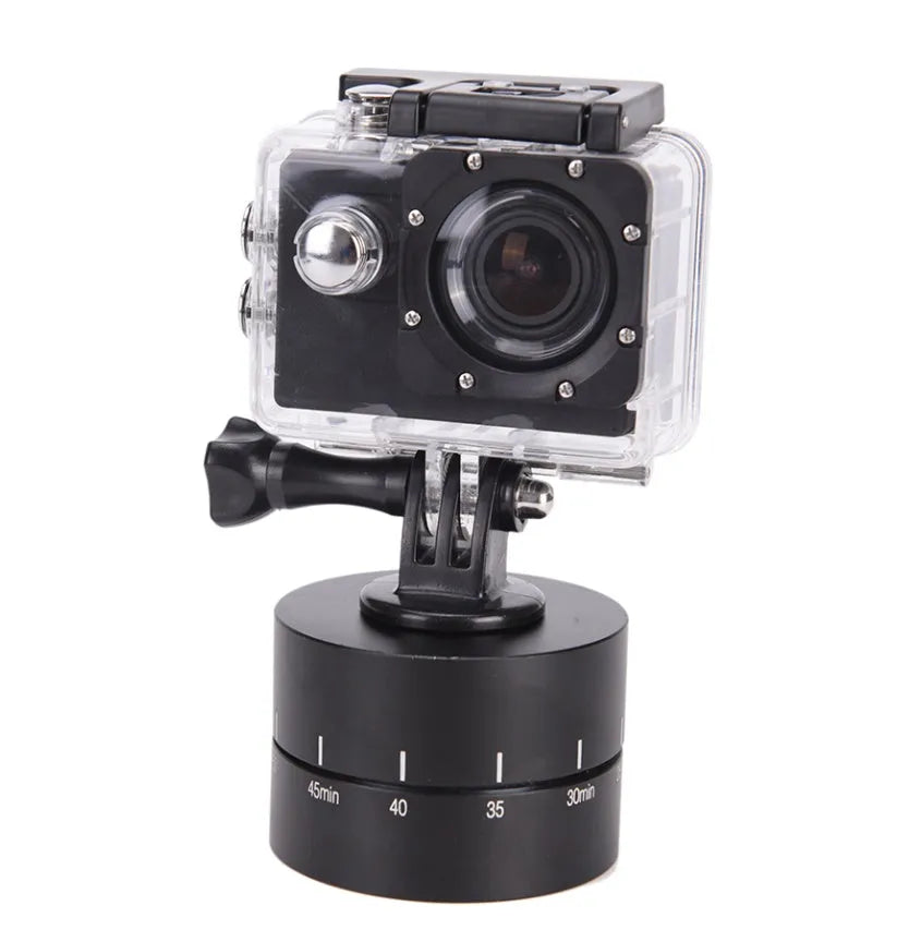 Lapse 360 degree auto rotate camera tripod head base on a black background