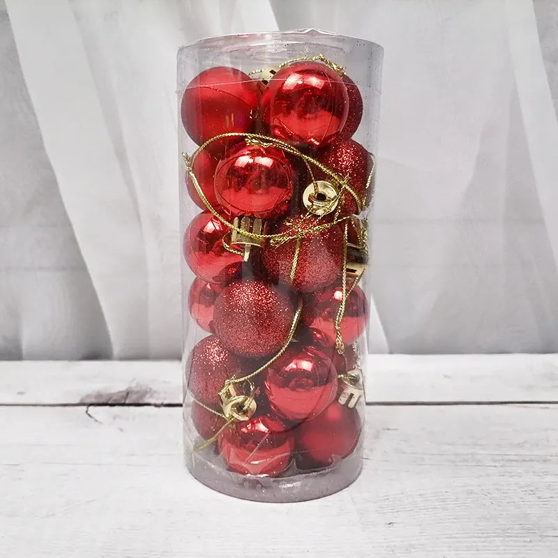 Assorted metallic gold, red, silver, and blue 3cm plastic Christmas bauble ornaments in a box.