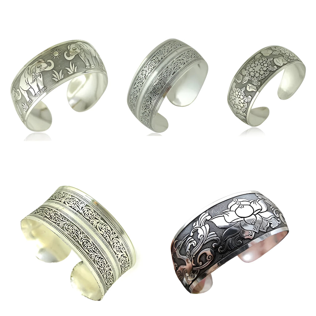 Ethnic style carved open Miao silver bracelet with Roman shape design in alloy