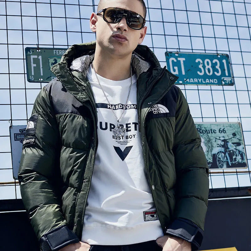 Men's loose casual thick padded jacket in army green with hood and zipper