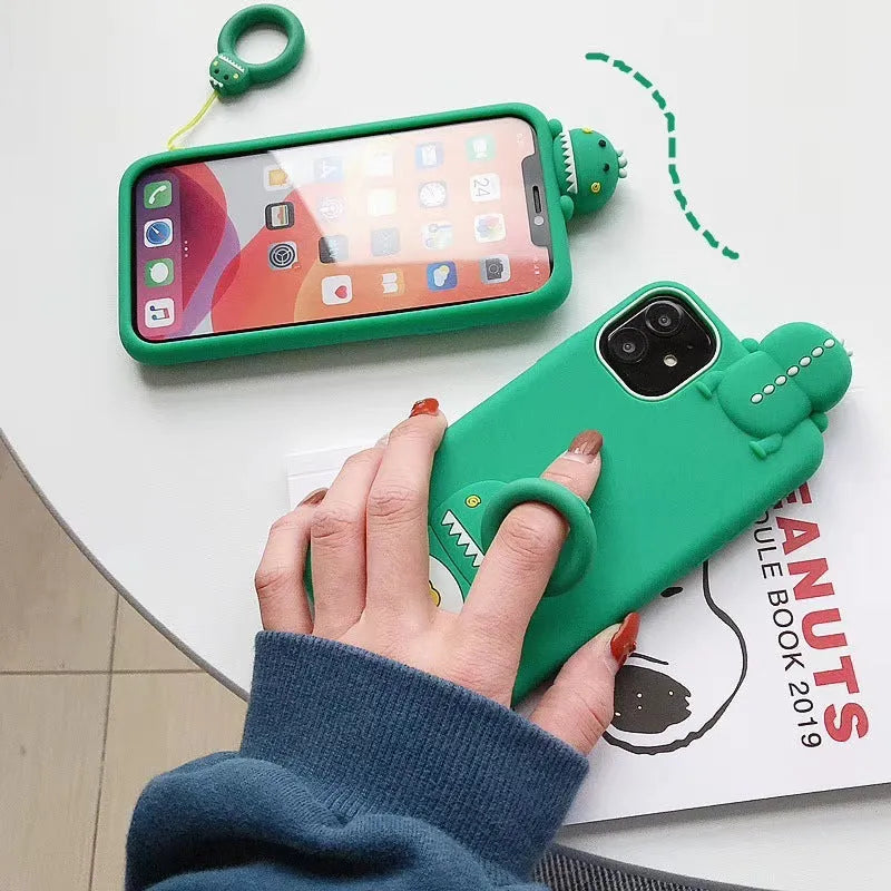 Green silicone iPhone case with animal cartoon design showing back view