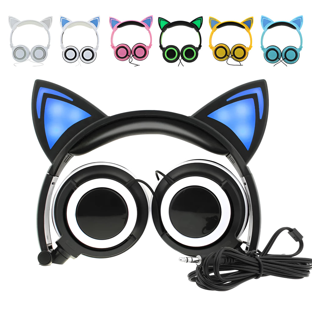 Cat ear headphones with LED lights on ears and cushions in seven colour options