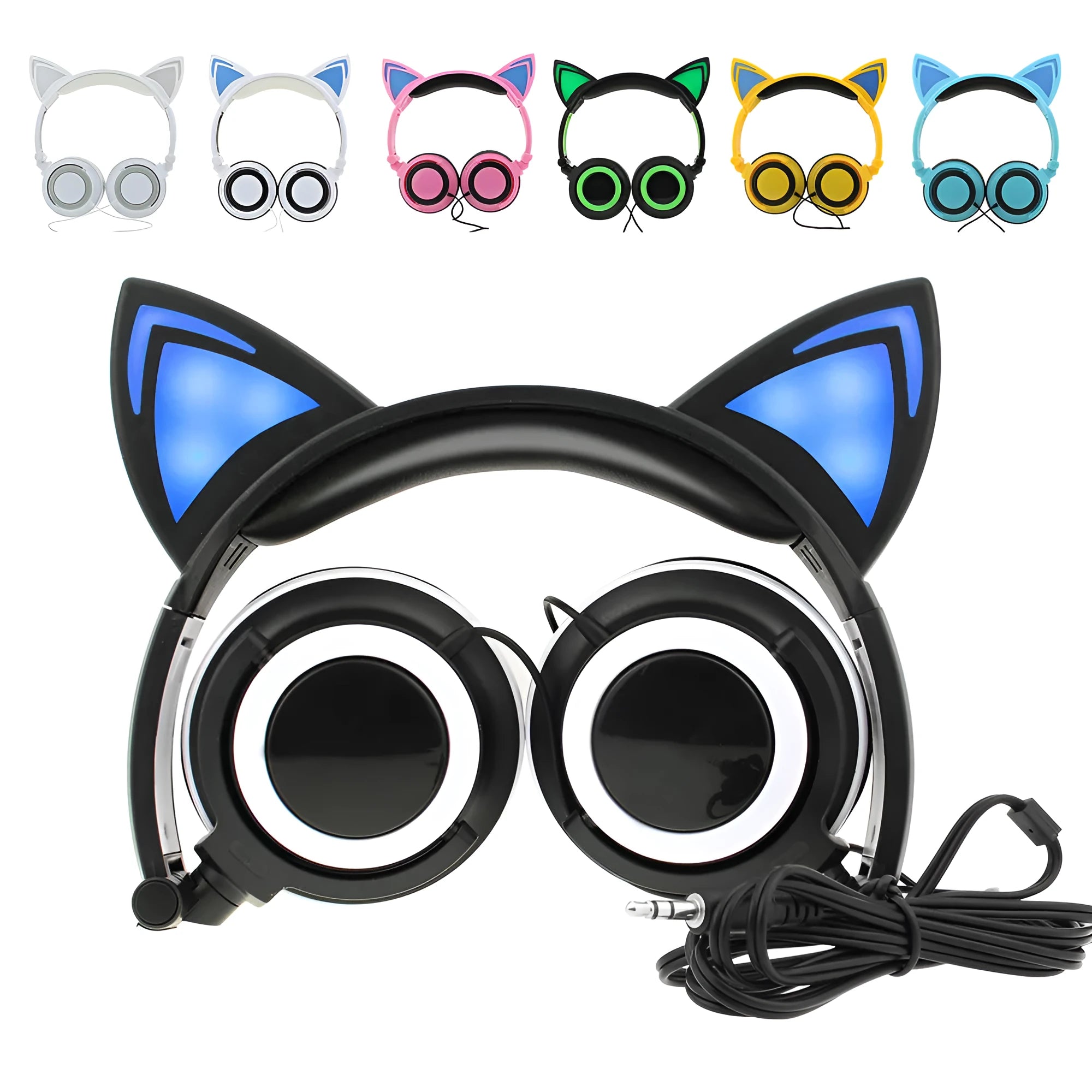Cat ear headphones with LED lights on ears and cushions in seven colour options