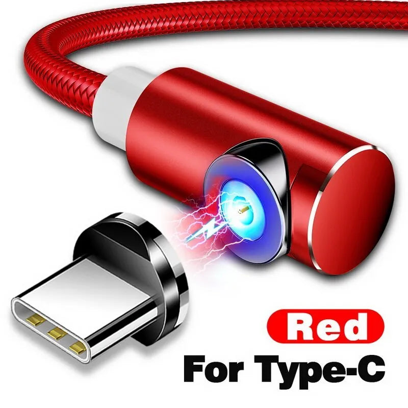 L-shape magnetic charging cable with aluminium housing in black, red, gold, or silver, showing Micro USB, Lightning and Type-C plug heads.