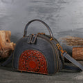 Vintage suede cowhide leather handbag showing internal ID pocket, phone pocket, and zipper compartments.