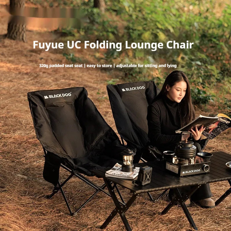 Night black Oxford cloth camping moon chair in folded and unfolded positions