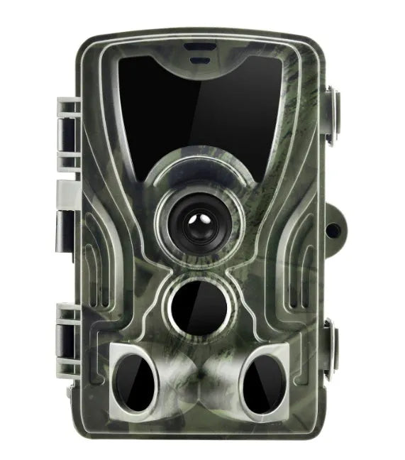 Green camouflage trail camera with 16MP sensor and IP65 waterproof rating for outdoor wildlife monitoring