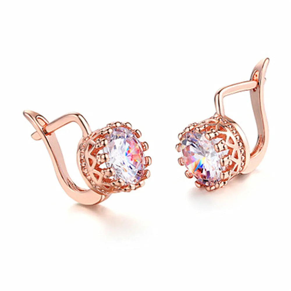 Korean retro crown ear clip earrings in rose gold or white gold colour plating on copper