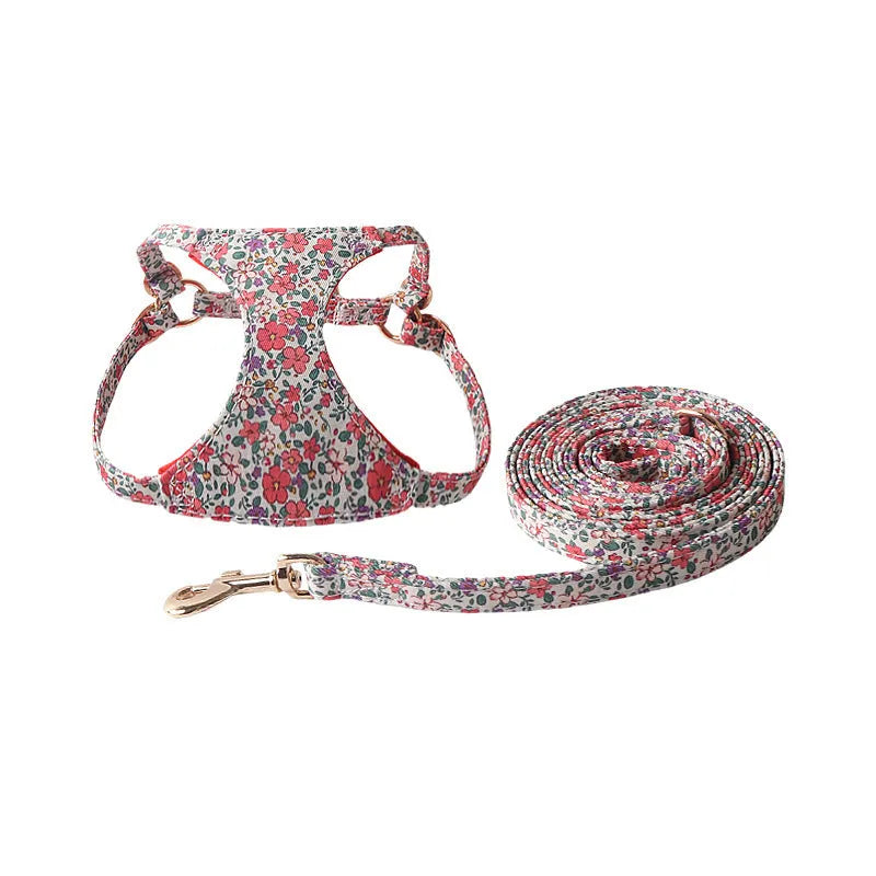 Floral patterned cloth dog harness and leash set in orange, purple, pink, black or white with red flowers design