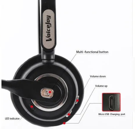 Black Bluetooth headset with microphone designed for truck drivers and office use, shown with a USB charging cable.