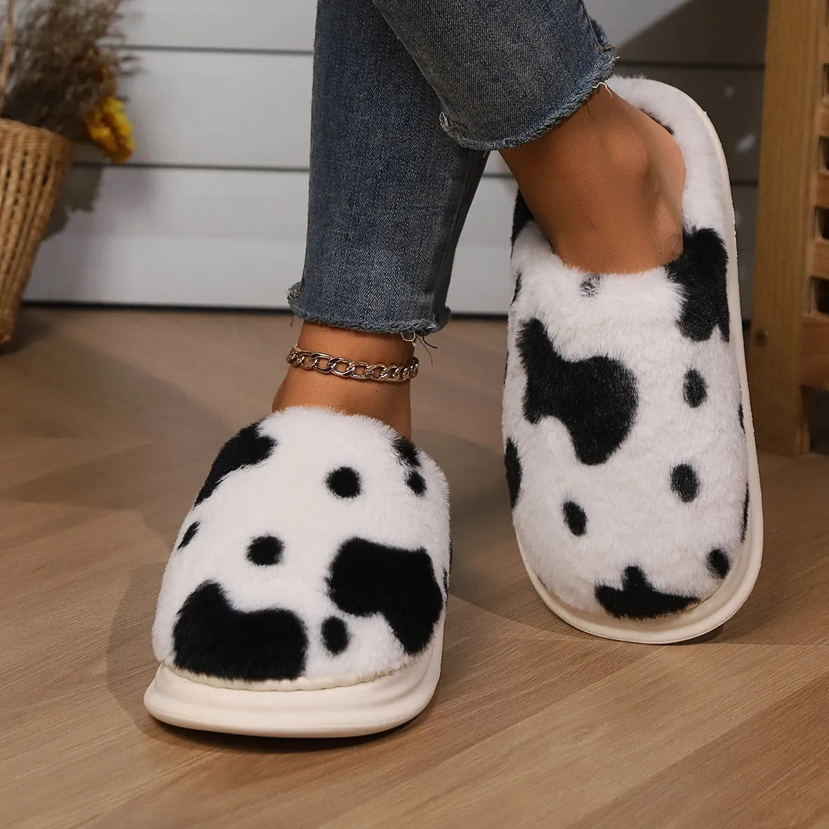 Cow spotted plush slippers with non-slip sole, available in black brown coffee pink for women and men