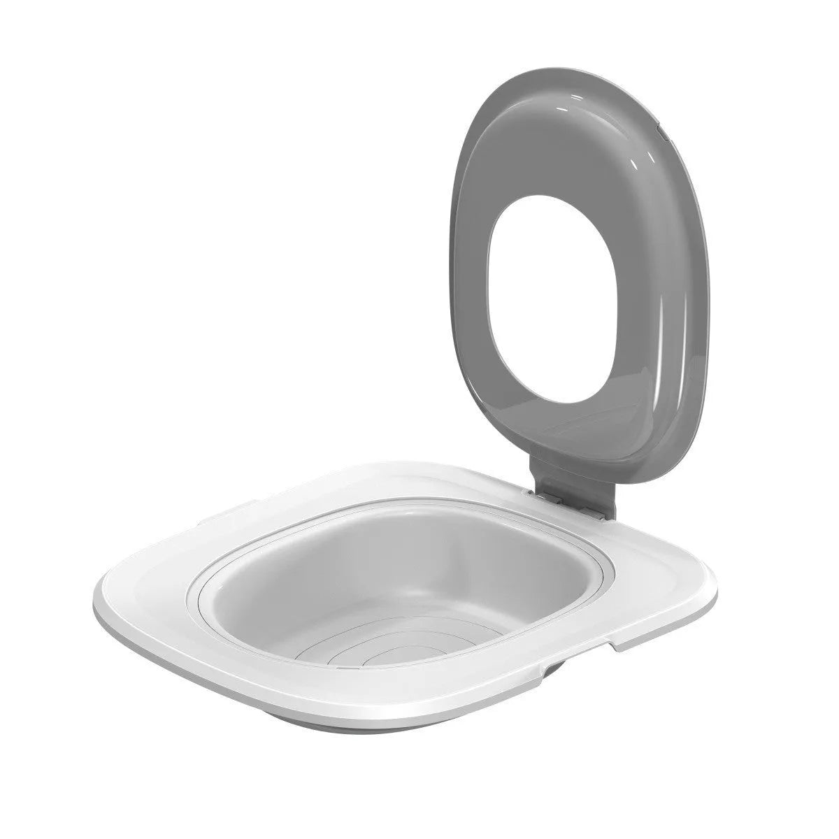 Fifth generation cat toilet trainer in grey colour showing new shape design for litter containment