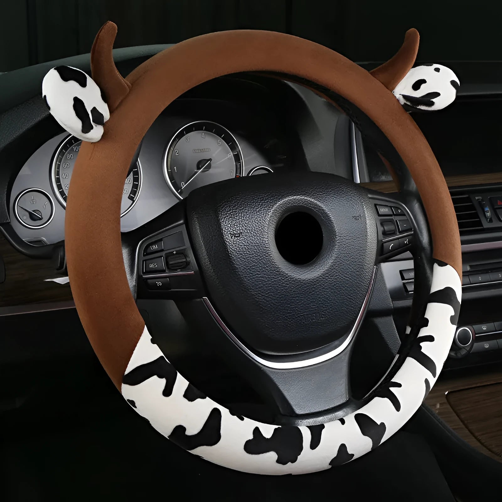 Short plush car steering wheel cover showing protective handle design in black colour