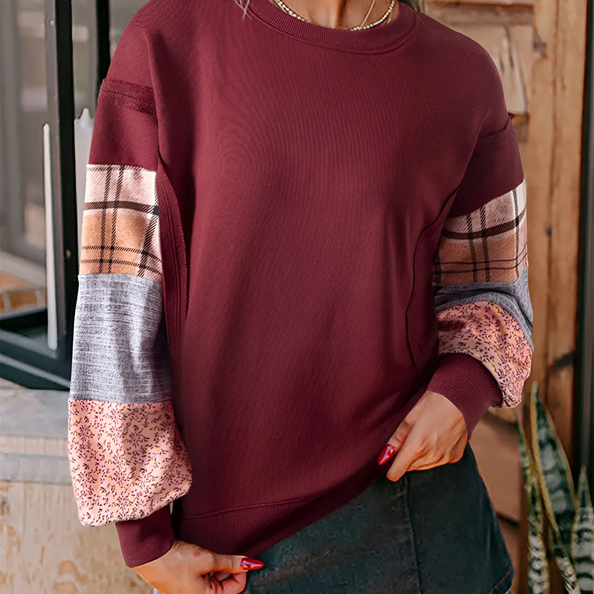 Women's plaid long-sleeved top in loose Japanese-Korean style with spliced patterns
