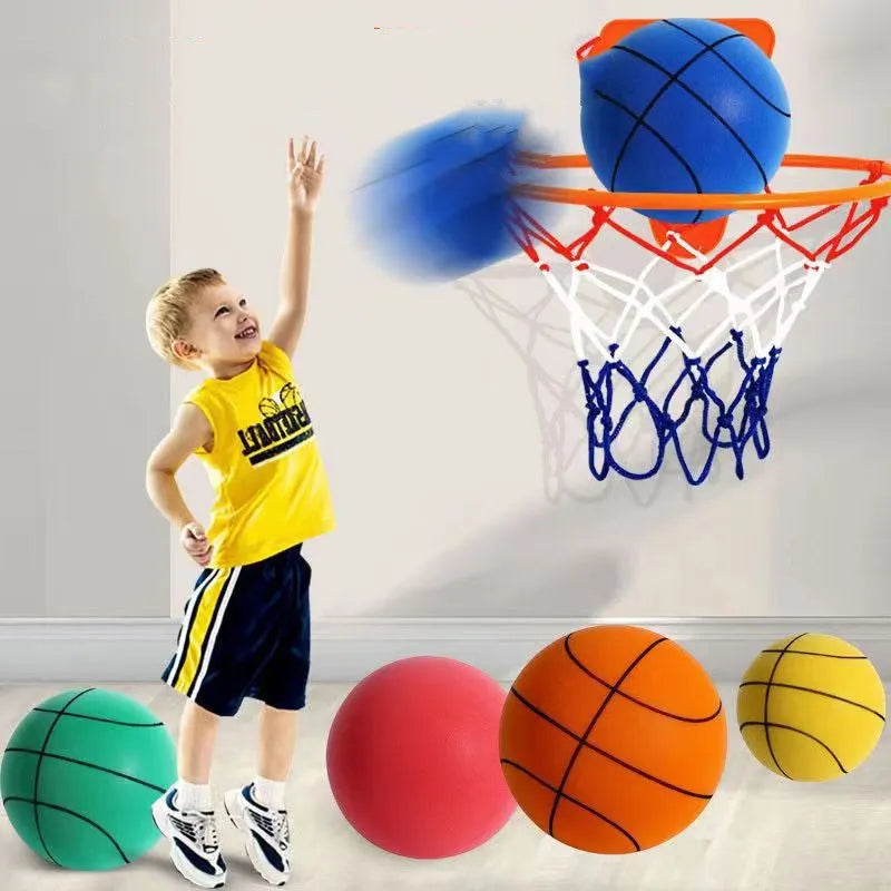 Silent foam indoor basketball in assorted colours with basketball frame