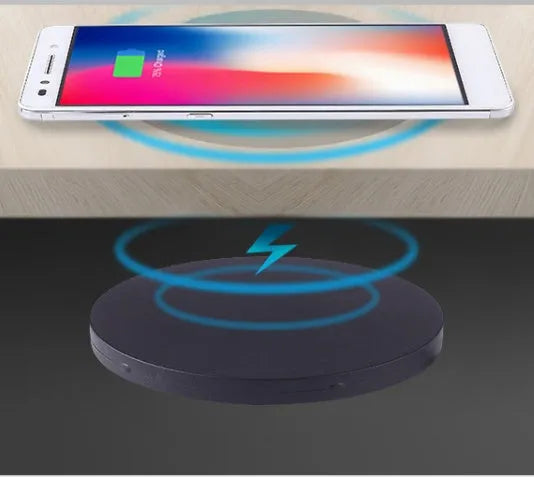 Round hidden wireless phone charger for desk or table installation, shows 60mm and 75mm size options.