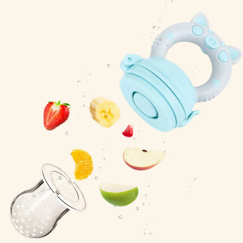 Silicone baby teether in blue, green or pink with single or triple mouthpiece designs for infant gum relief