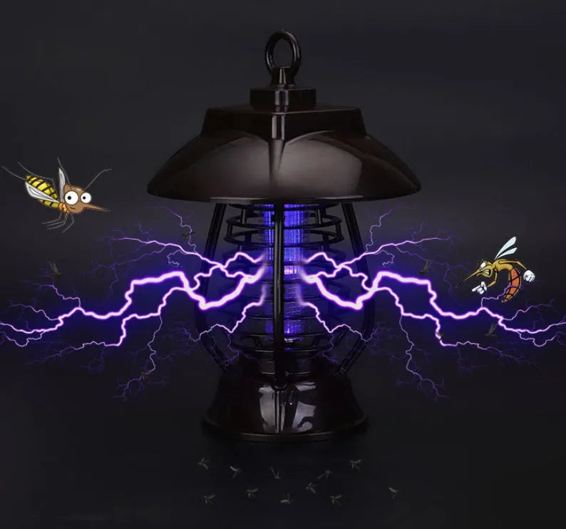 Black solar-powered mosquito lamp with solar panel on top and 24 LED lights for outdoor garden insect control.