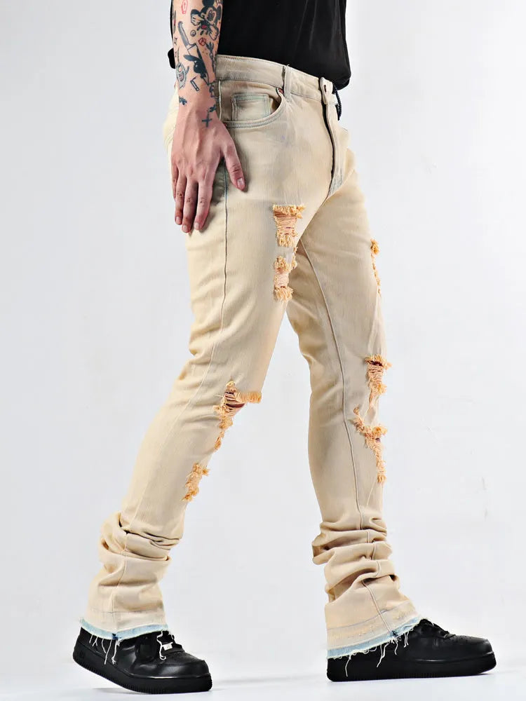 Elastic Youth Heavy Duty Flare Jeans in apricot colour, cotton stretch denim, medium high waist, stone washed finish