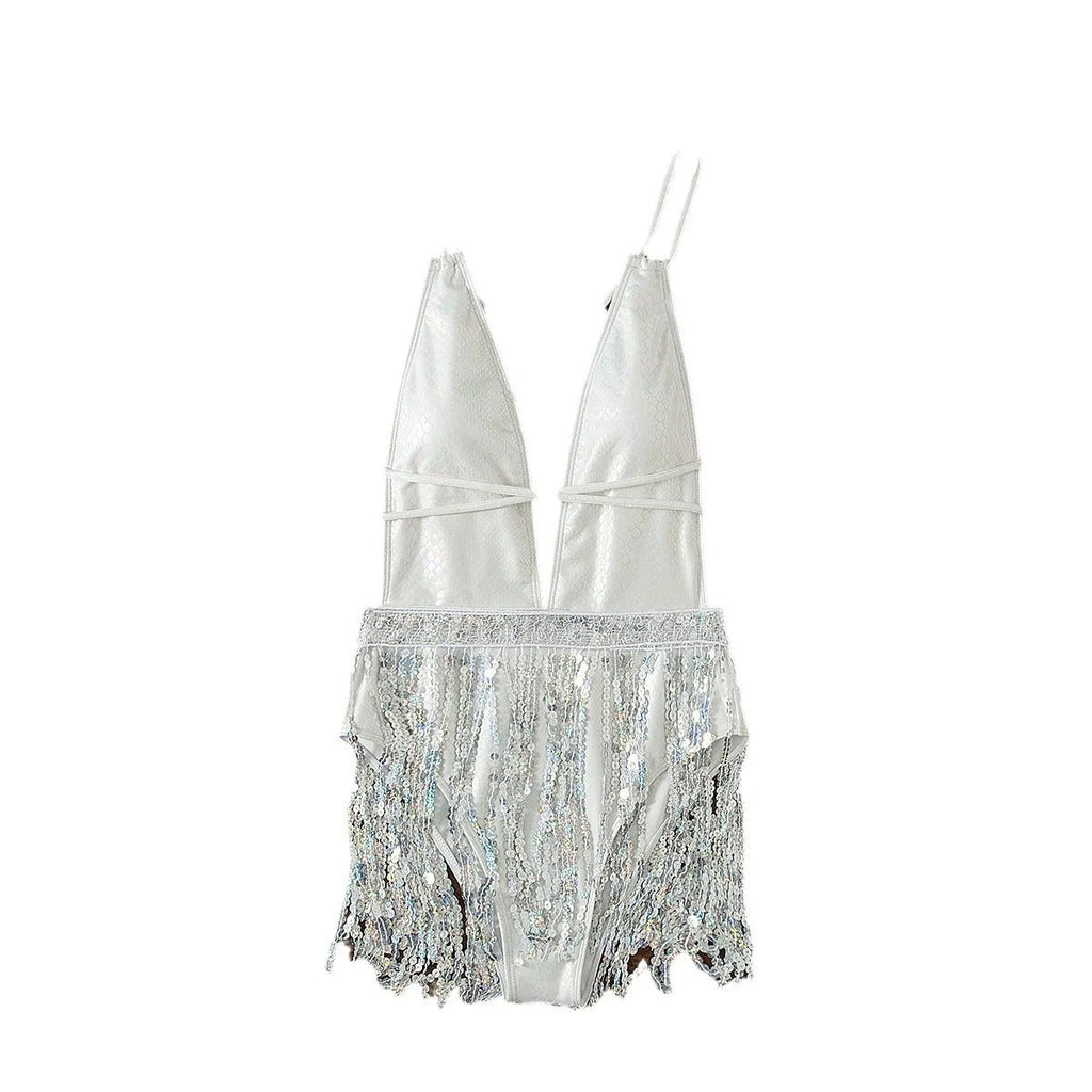 White deep V-neck one-piece swimsuit with tassel detailing, briefs style cut for swimming