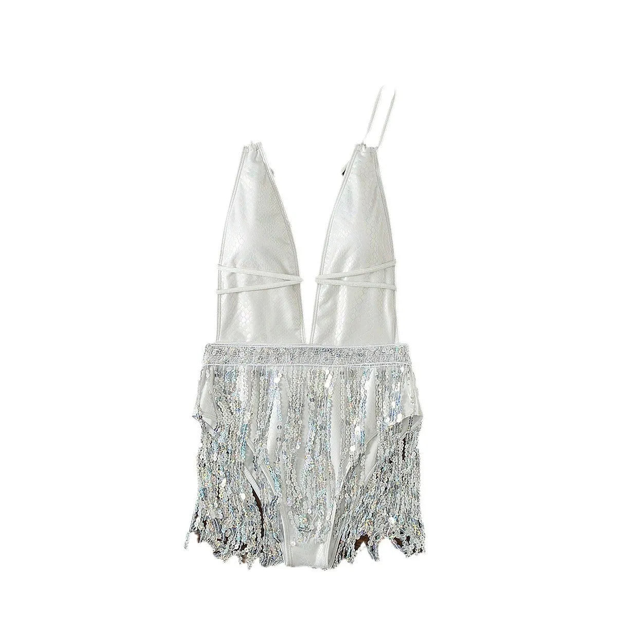 White deep V-neck one-piece swimsuit with tassel detailing, briefs style cut for swimming