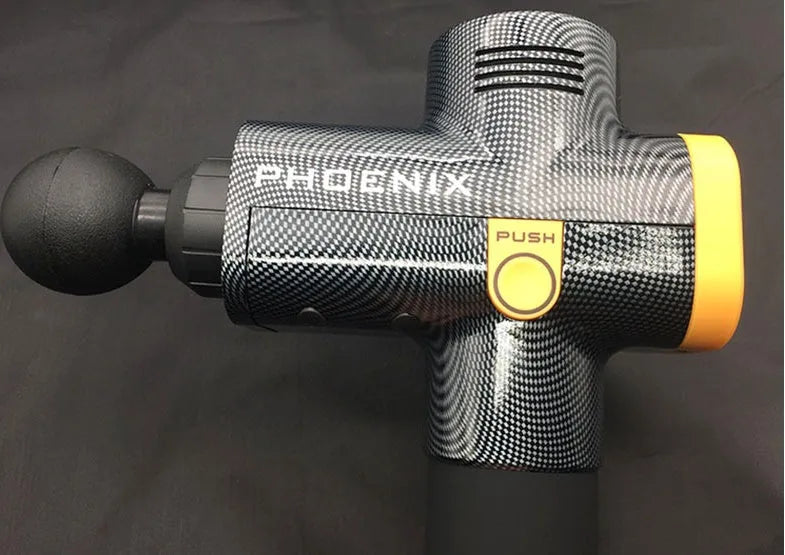 Silver and black fascia massage gun with four interchangeable heads on white background