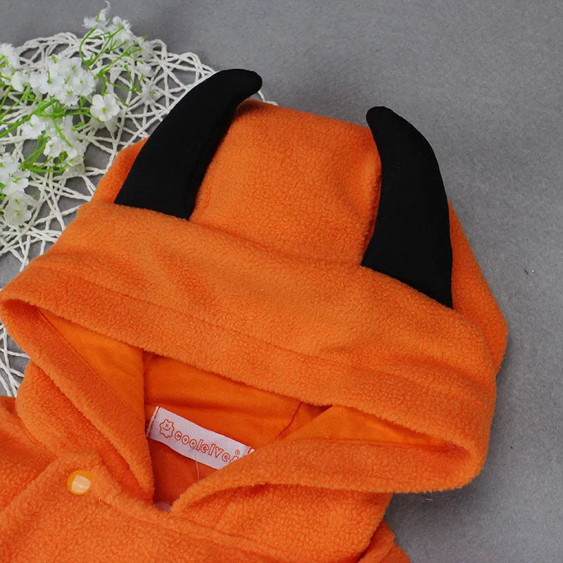Orange Halloween pumpkin hooded jumpsuit for children with single-breasted closure and hood