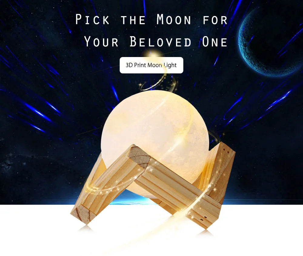 3D printed rechargeable moon lamp with touch ring control, shown in white and yellow light on a wooden holder.
