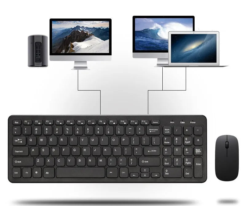 Wireless keyboard and mouse set in choice of colours on a desk, showing USB receiver.