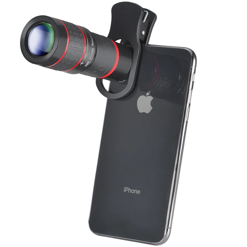 20x magnification smartphone telescope with optical glass lens and universal mounting clip on a mobile phone.