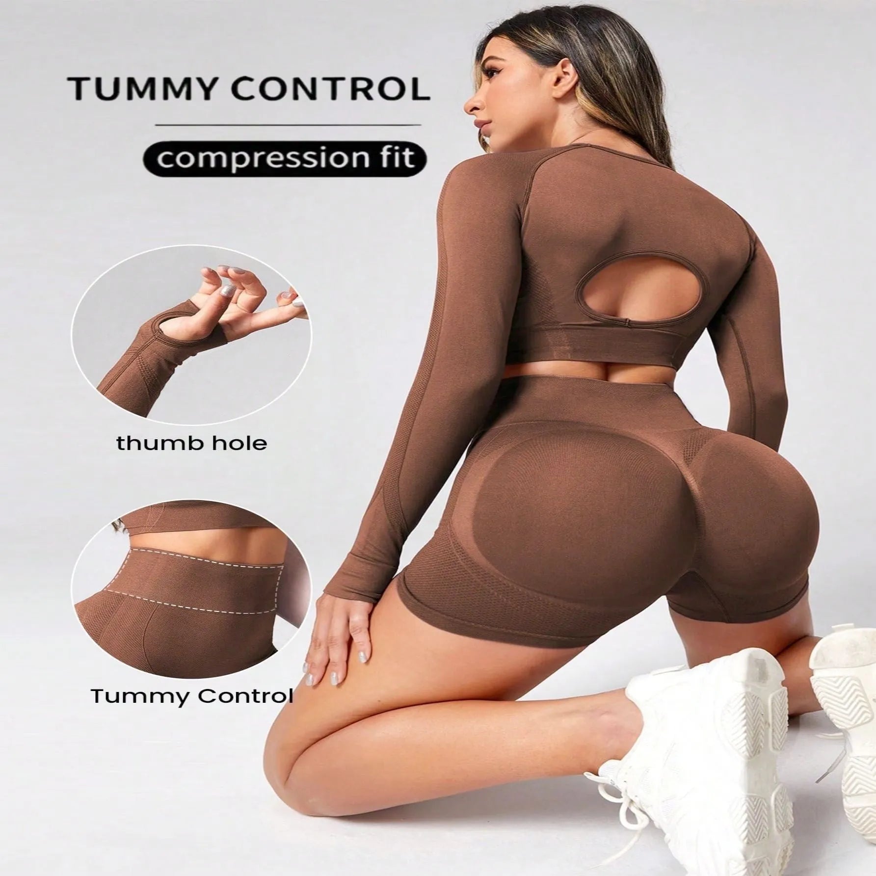 Women's black yoga suit with high waist pants and long sleeve pullover top for yoga practice