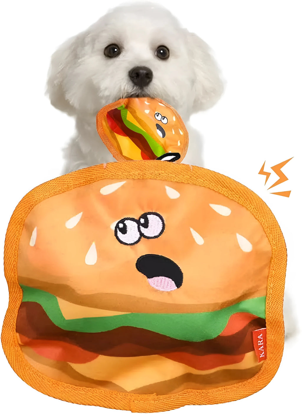 Food-themed dog chew toy in a hamburger design with red, yellow, and green colours, showcasing its no-stuffing construction.